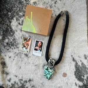 Adina Mills Large Chrysocolla Necklace with black rope and box